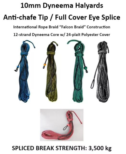 10mm Spliced Dyneema Halyard/Sheet+Anti Chafe Tip: Custom Length/Colour/Hardware