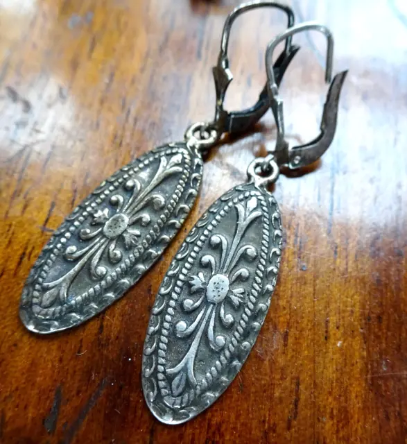 vintage 925 STERLING SILVER ornate flower dangle drop pierced earrings -N147