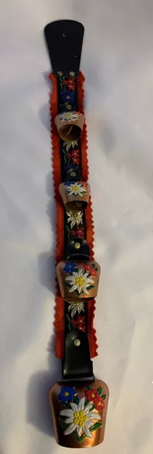 Swiss Cow Bell Brass With Strap Fringe Switzerland Bell - Colorful Flowers