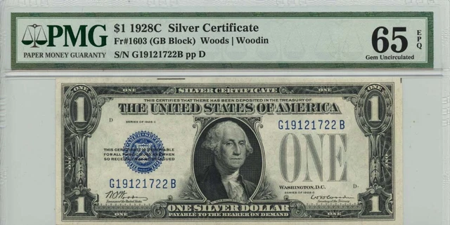 1928C $1 Silver Certificate Blue Seal FR#1603 PMG Gem 65 EPQ