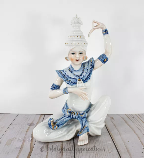 Thai Siamese Blue White Gold Accents Porcelain Temple Dancer Buddha 8 Inches