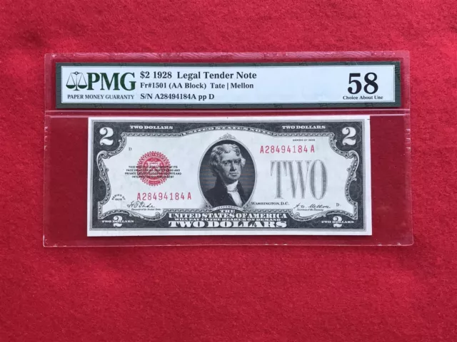 FR-1501 1928 Plain Series $2 Red Seal US Legal Tender Note *PMG 58 Choice AU*