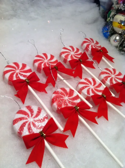 Christmas Candy Cane Peppermint 8.25 Lollipop Swirl Red White Tree  Ornaments