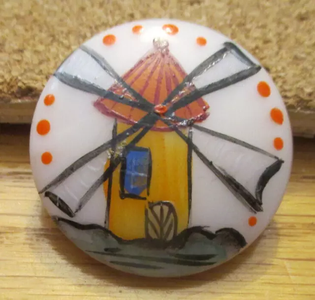 1-Czech Glass Hand Painted Multicolored Windmill on a Pink Button #73 34.04mm