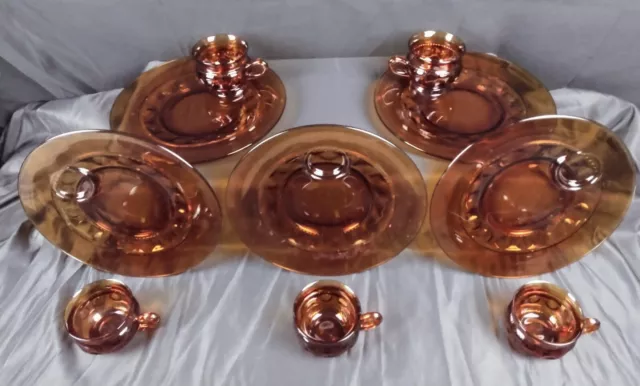 Indiana Glass Kings Crown Thumbprint Amber Snack Plate With Cup Set