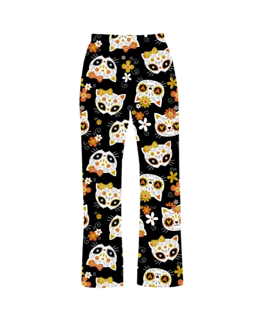 Cute Kitty Cat Sugar Skull Bows Floral Print Pyjama Pant Loungewear Sleepwear