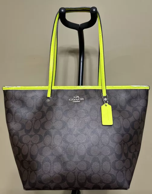 Coach Neon Green Trimmed Coated Canvas City Shopper Tote Carryall Handbag Purse