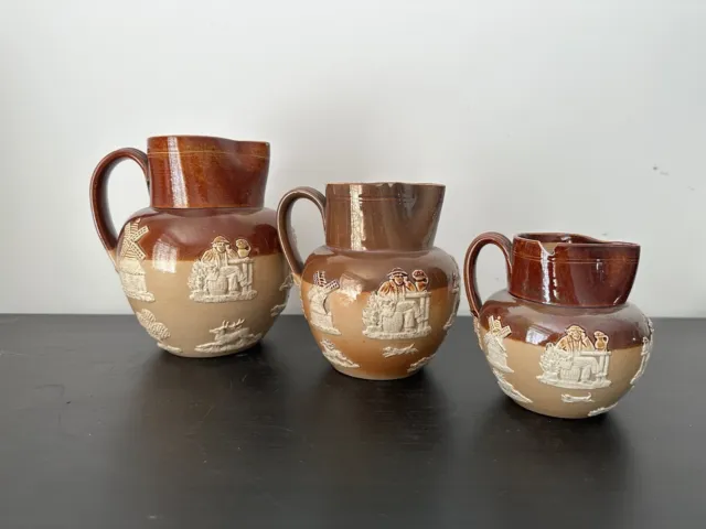 Antique Royal Doulton Lambeth Jugs Trio Brown Harvest 3 Sizes Relief  *CHIPPED*