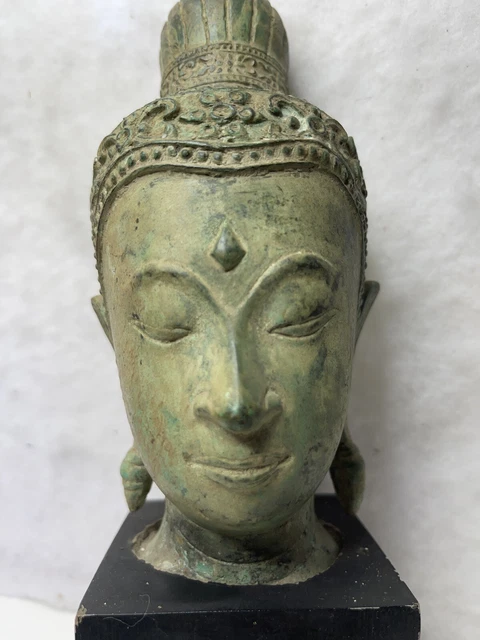 Antique Thai Style Bronze Buddha Head Statue Figure 9.5” H