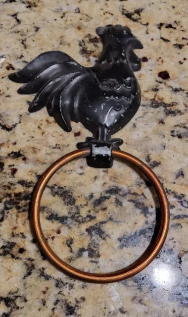 Vintage Rooster Cast Metal Painted Black Towel Copper Ring 10” Kitsch 1960’s