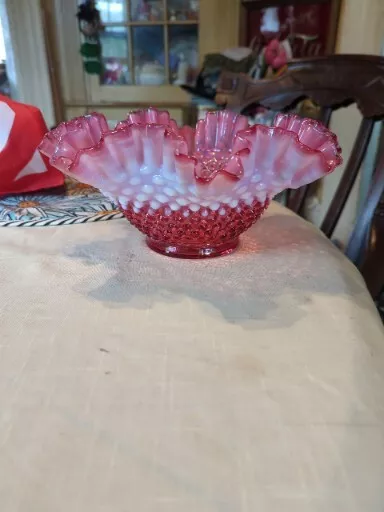 Fenton Glass Hobnail Crimped Ruffled 9.5" Bowl Cranberry Opalescent Gorgeous!!