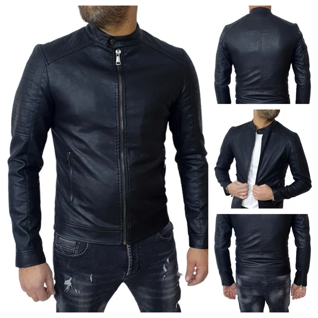 Giubbino Uomo Giubbotto Foderato Eco pelle Coreana Nero Giacca Biker Slim Fit