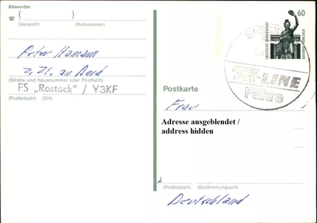 Schiffsstempel TS-Linie Fähre ab SASSNITZ Schiff FS Rostock a/ Bund Ganzsache