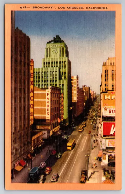 Vintage Postcard CA Los Angeles Broadway Aerial View Texaco Old Bus Cars -3621