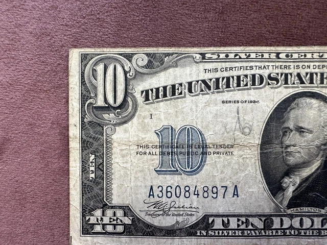 1934 Ten Dollar Blue Seal Note Silver Certificate Old US Bill $10 Money Currency 2