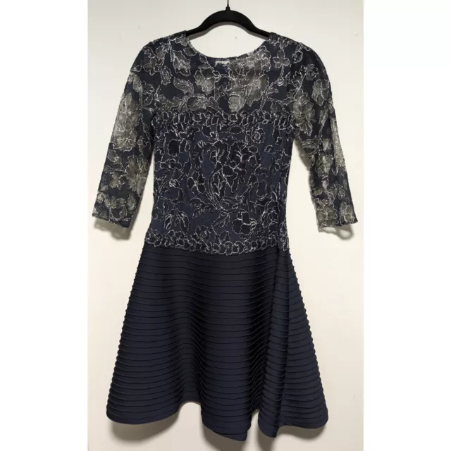 Tadashi Shoji Three-Quarter Sleeve Lace-Bodice Pintuck Dress Navy Blue Size 4 2