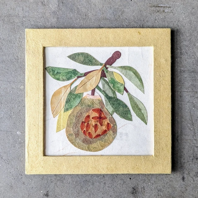 Green Pear Paper and Dried Leaf Square Frame Art Decor