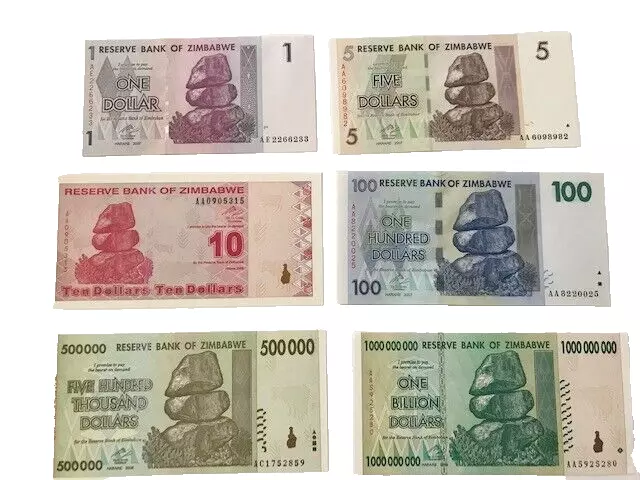 billets neufs du zimbabwe lot de 6 billets voir détails