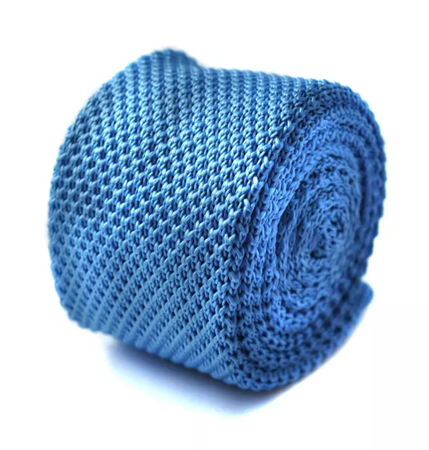 Frederick Thomas Knitted Silk Mens Tie - Light Blue - Plain Skinny Wedding