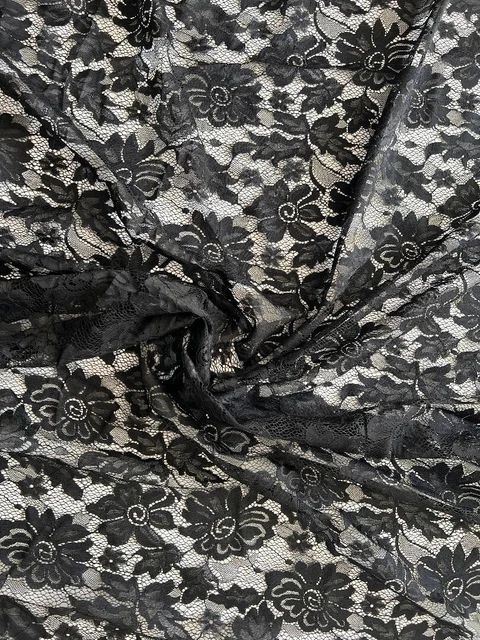 Floral Wide Black Lace Fabric Trim Double Scallop Eyelash Edges 150cm wide 59"