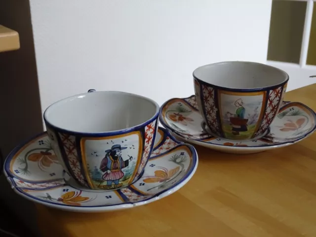 VINTAGE TWO LARGE CUPS CHOCOLATE FRENCH FAIENCE HB QUIMPER couple breton
