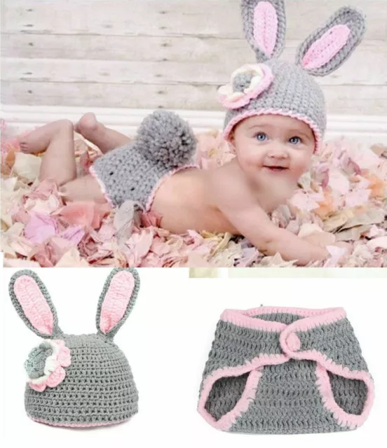 Newborn Infant Baby Crochet Knit Photo Photography Costume Prop Bunny Set 541