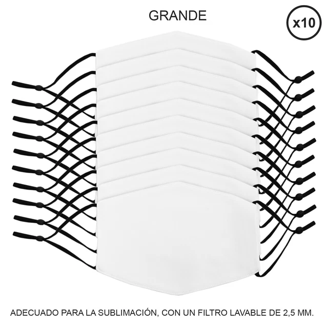 Mascarillas Sublimación Blanco Paquete de 10 Mascarillas Reutilizables Grandes