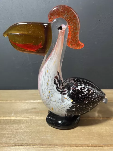 Murano Style Art Glass Sculpture Multi Color Pelican with Fish in Mouth (heavy)