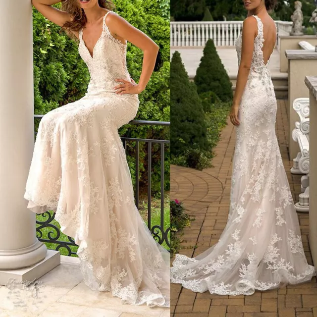 Sexy V Neck Backless Mermaid Wedding Dresses Lace Applique Beaded Bridal Gown