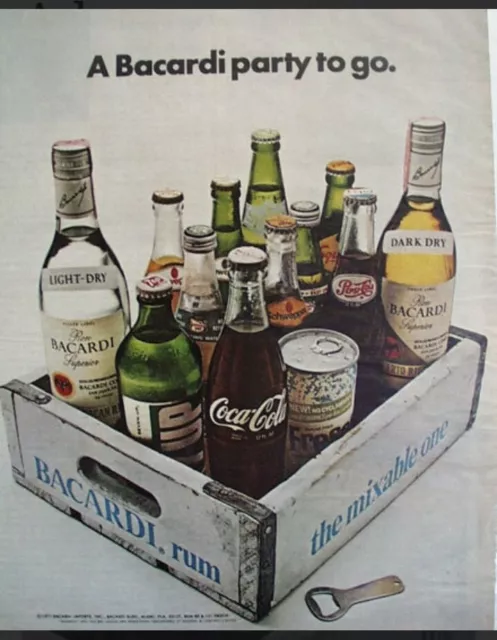 1971 Bacardi Rum Party to Go Coke Pepsi 7Up Wood Crate Photo Vintage Print Ad