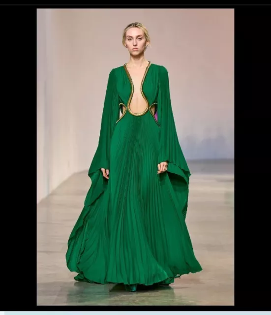 NWT Elie Saab Fall 22 ready to wear Crepe Georgette Green Gold Pleated Gown 38