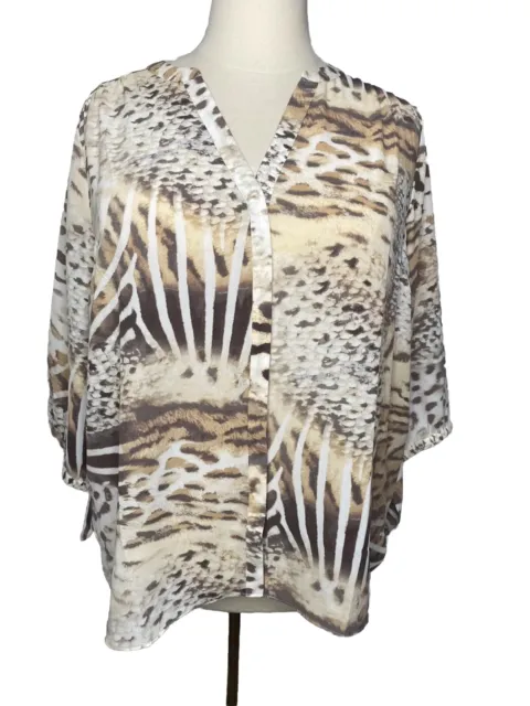 NWT NYDJ Womens Pintuck Blouse Wild Things Animal Cream Tan 3/4 Sleeve Size 1X