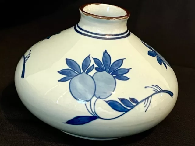 Squat Vintage Oriental Blue Porcelain Vase Hand Painted Flowering Fruit Pattern