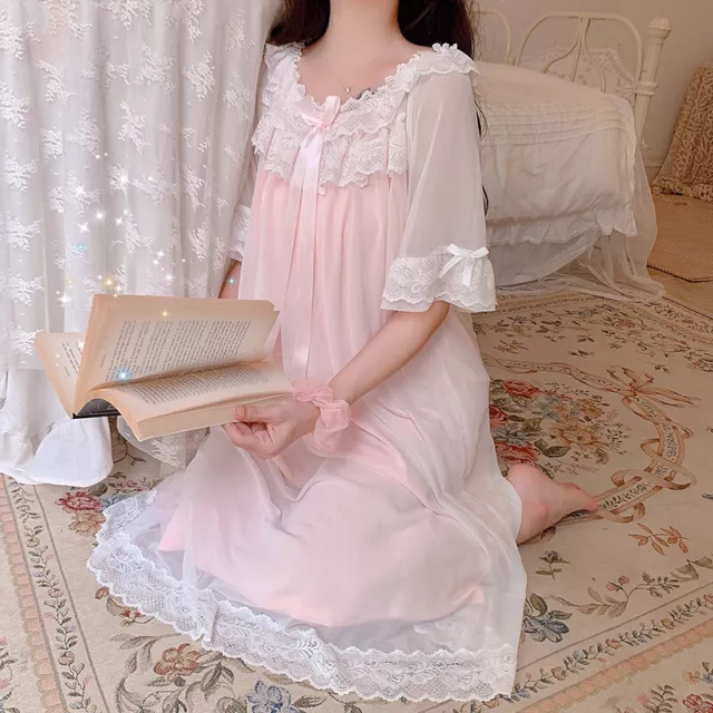 Women Girls Lolita Nightdress Ruffle Lace Retro Sleepwear Nightgown Princess New