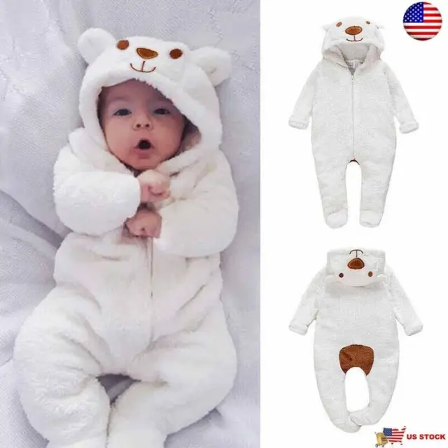 Newborn Baby Romper Jumpsuit Boy Girl Kids Bear Hooded Bodysuit Clothes Outfits