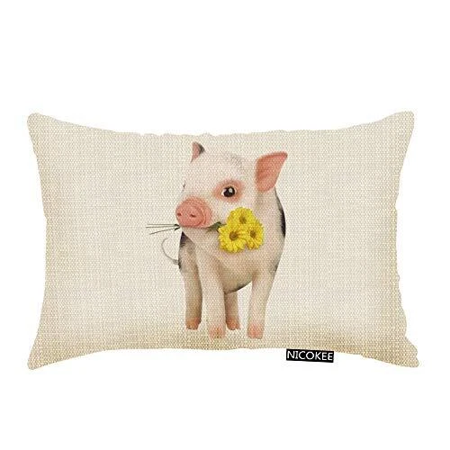 Nicokee Throw Pillow Cover Cute Pink Pet Miniature Pig Yellow Daisy Decorativ...