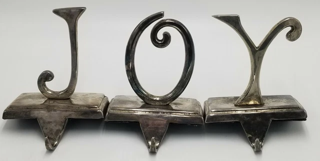 Pottery Barn Silver Plated Metal JOY Christmas Stocking Hangers Holders Set of 3