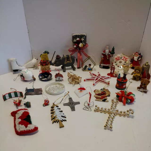 Big Lot Christmas Tree Ornaments many vintage wood handmade variety LOOK!