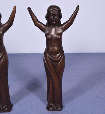 *13" Pair of Antique Carved Figures Posts Pillars Architectural Oak Women 4