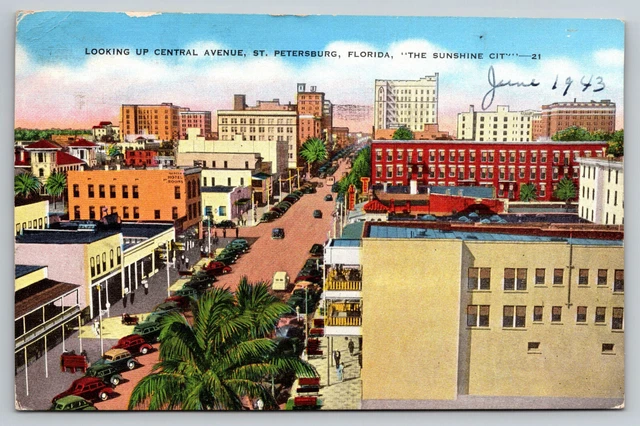 St. Petersburg Florida Central Avenue Aerial View Posted 1943 Linen Postcard