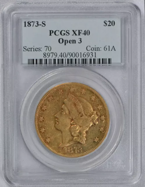1873-S $20 PCGS XF40 Liberty Double Eagle Gold Coin  Open 3