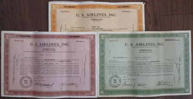U.S. Airlines, Inc., 1946 to 1954 Stock Certificate Trio
