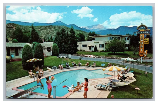 Colorado Springs CO Rainbow Court Motel Swimming Pool Aerial View Postcard
