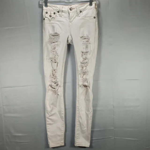 True Religion Jeans 23 Womens Super Skinny 26x28 White Distressed Rips Pants