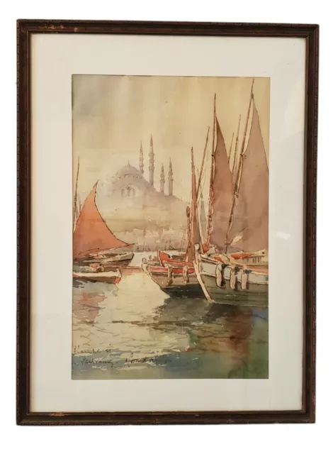 J Pavlikevitch ( Early 20th Century) Watercolor Painting Istanbul Harbor View