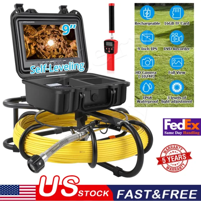 Sewer Pipe Inspection Camera With Locator Self-Leveling 9" LCD Monitor 300 ft