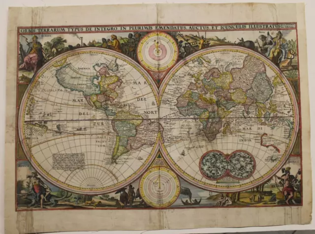 1680 Visscher Unusual Antique Copper Engraved World Map In Two Hemispheres