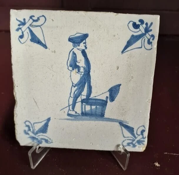 Antique Dutch Delft Tile , 17 Th Century Painted Blue Cobalt , Fisherman