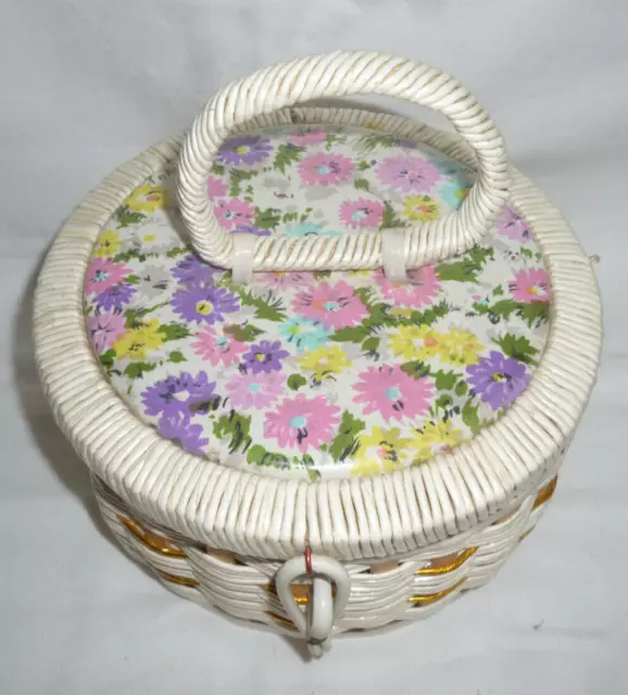 VINTAGE ROUND WOVEN PLASTIC SEWING or HANDCRAFT BASKET - 16cm diam - 1970s - vgc 2