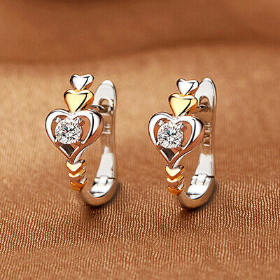 Two Tone 925 Silver Filled Hoop Earring Fashion Cubic Zircon Wedding Heart Gift